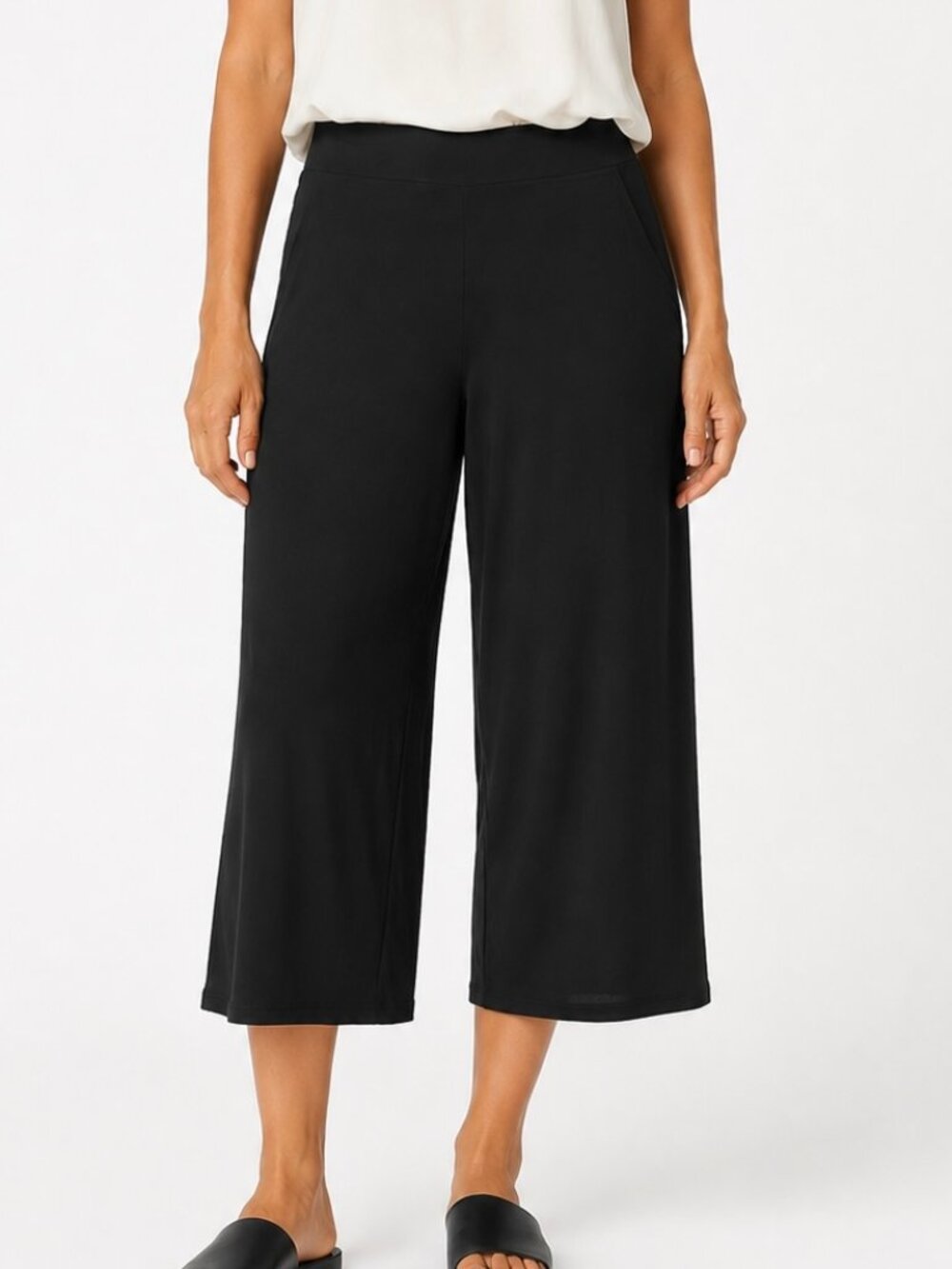 Eileen Fisher 100% Silk Wide Leg Crop Pant in Black Size L